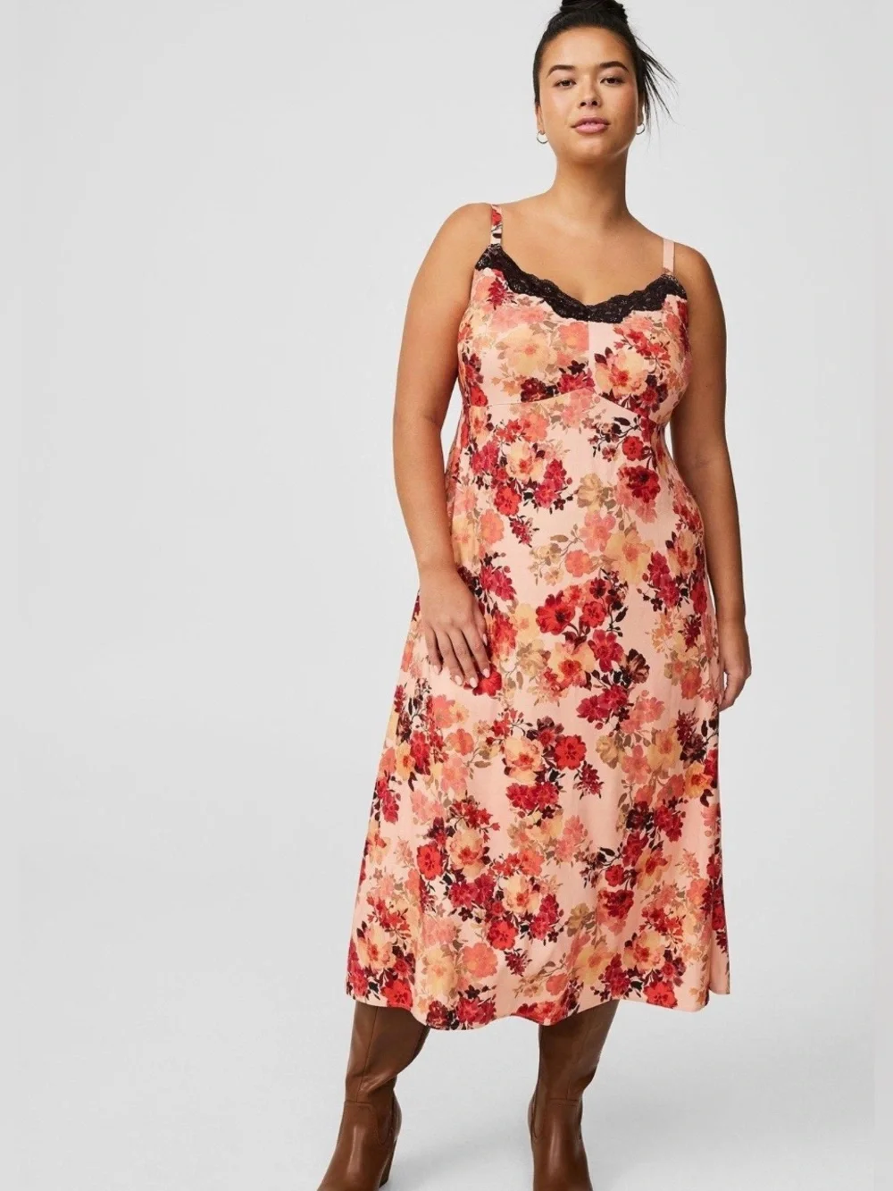 Torrid Challis Cami Slip Midi Tea Dress Coral Pink Floral Lace Trim Boho Flowy 2
